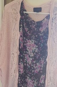 Sheer flowery hi low tank with a crochet shrug